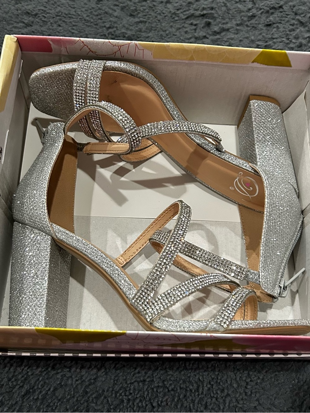 Windsor Silver Strappy Sparkly Glitter Block Heel Sandals -Elegant Evening Shoes